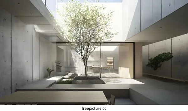 Modern Concrete Courtyard Interior Design with a Tree