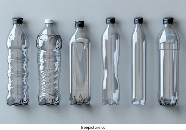 Transparent plastic bottles of different shapes and sizes
