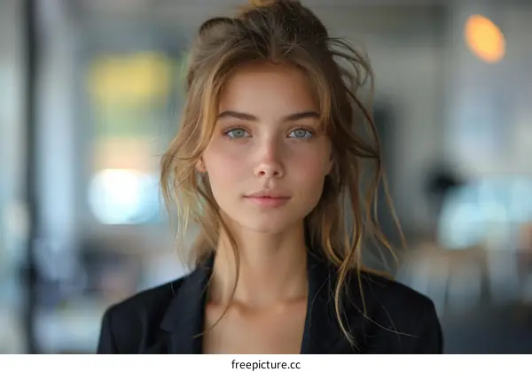 Portrait of a beautiful young woman with freckles and green eyes