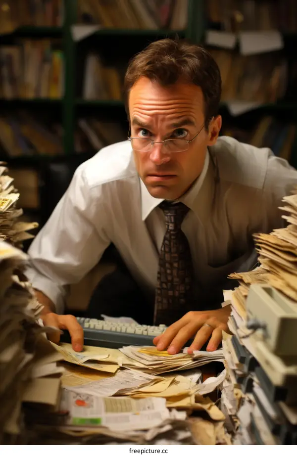 A man is surrounded by paperwork and files