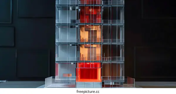 Glass Facade Building Model With Red Lighting