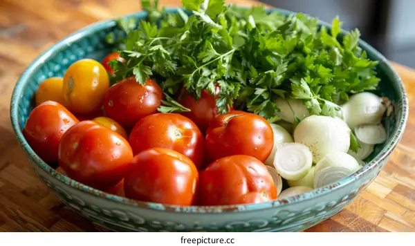 A bowl of tomatoes, parsley and shallots