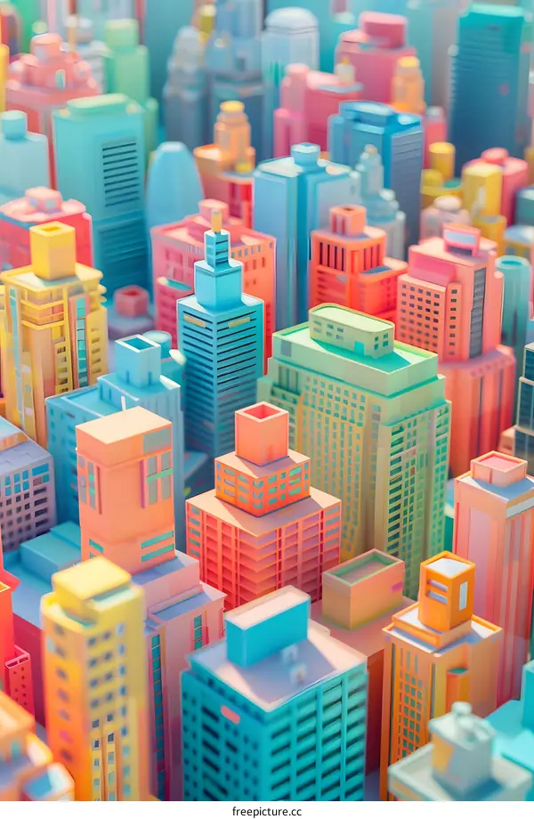 A 3D rendering of a colorful city with many buildings.
