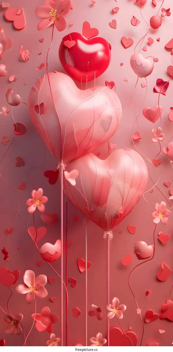 Pink heart-shaped balloons and flowers