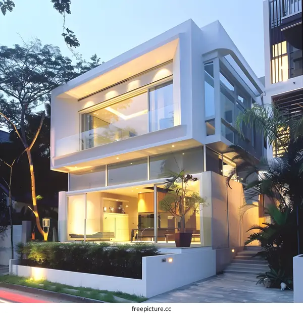 Modern Two Storey Home with Large Windows and a Garden