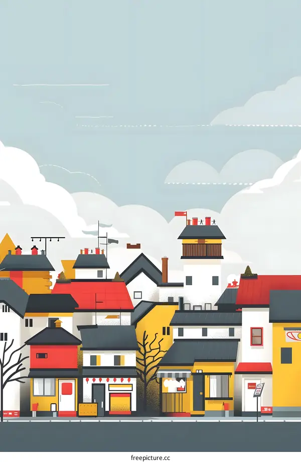 Colorful Illustration of a Small Town with Rooftops and Clouds