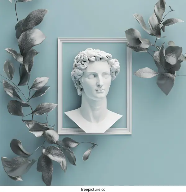 White Marble Bust with Silver Leaves on Blue Background