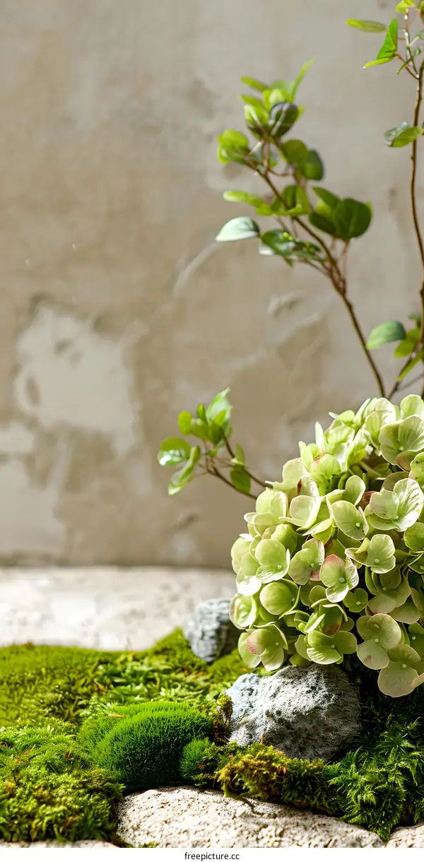 Green Moss and Hydrangea Flowers on a Stone Background