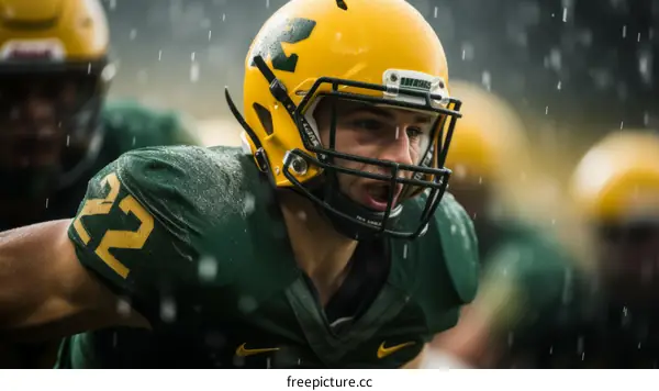 American football player in green and yellow uniform