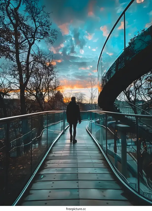 Silhouette Of Person Walking On Glass Bridge At Sunset