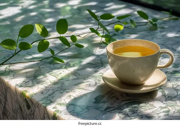 Elegant Green Tea in a Ceramic Cup on a Marble Table
