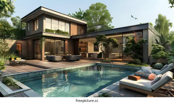 Modern House with Pool and Backyard