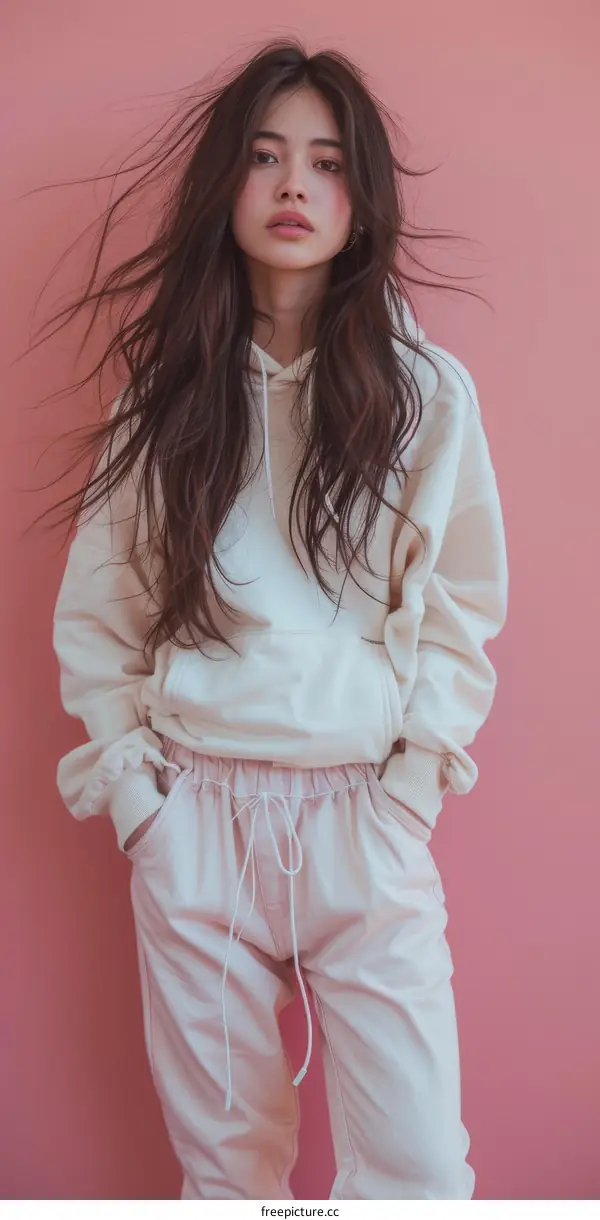Fashionable Woman in Trendy Cream Outfit Against a Pink Background