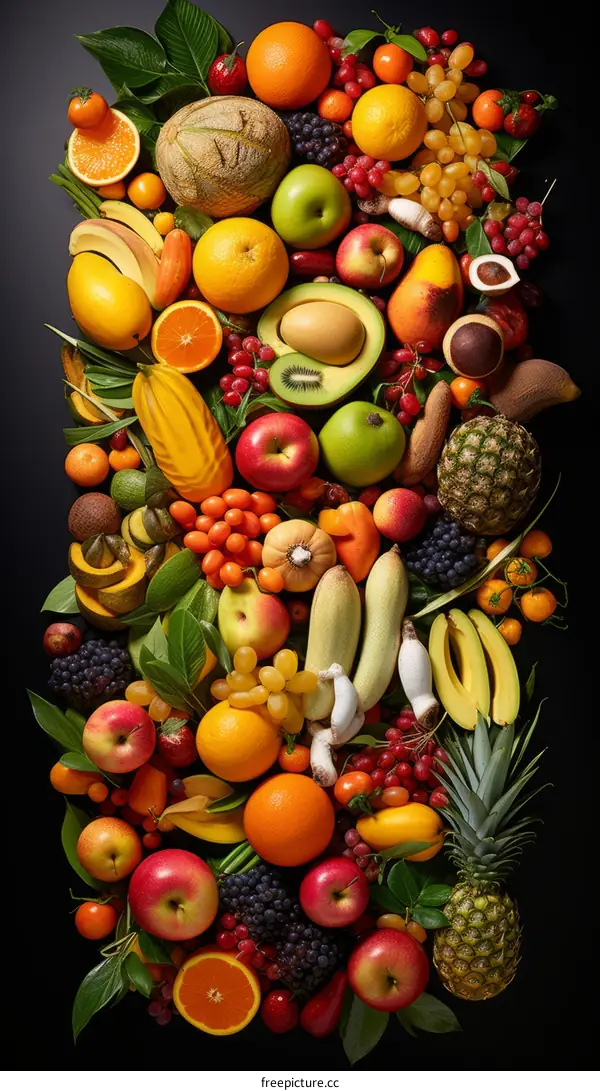 A wide variety of fruits are arranged in a visually appealing way
