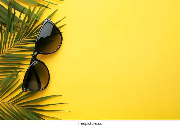 Summer Sunglasses And Palm Leaf On Yellow Background