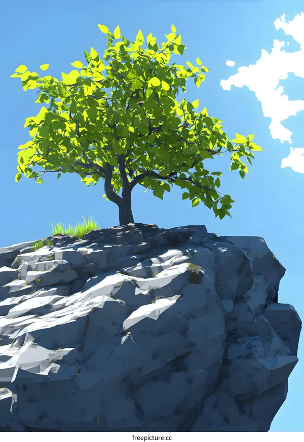 Green Tree on Rocky Clifftop Under Blue Sky