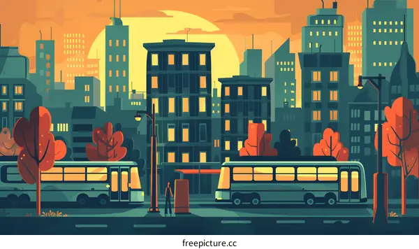 Sunset Cityscape with Bus Stop and People
