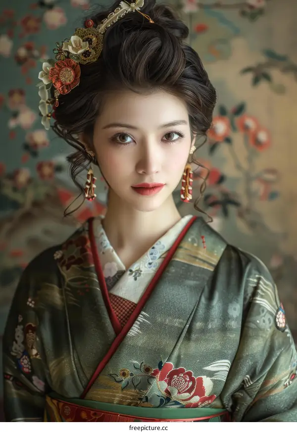 Portrait of a beautiful Japanese woman in traditional kimono