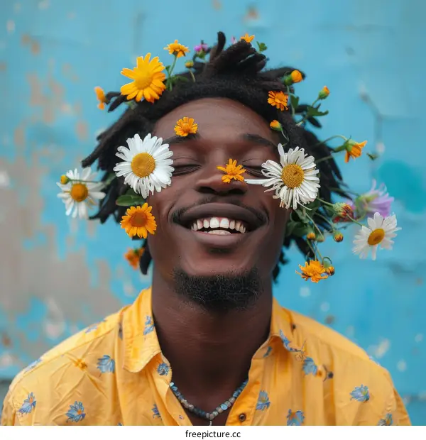 Black man with flowers on his head smiling