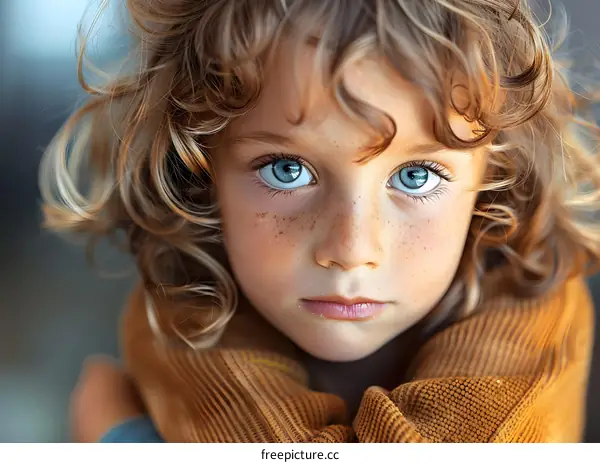 Portrait of a boy with curly hair and blue eyes