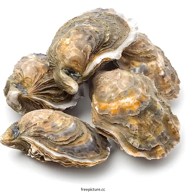 Five fresh oysters on a white background