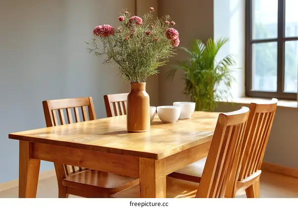 Wooden Dining Table with Chairs and Flowers