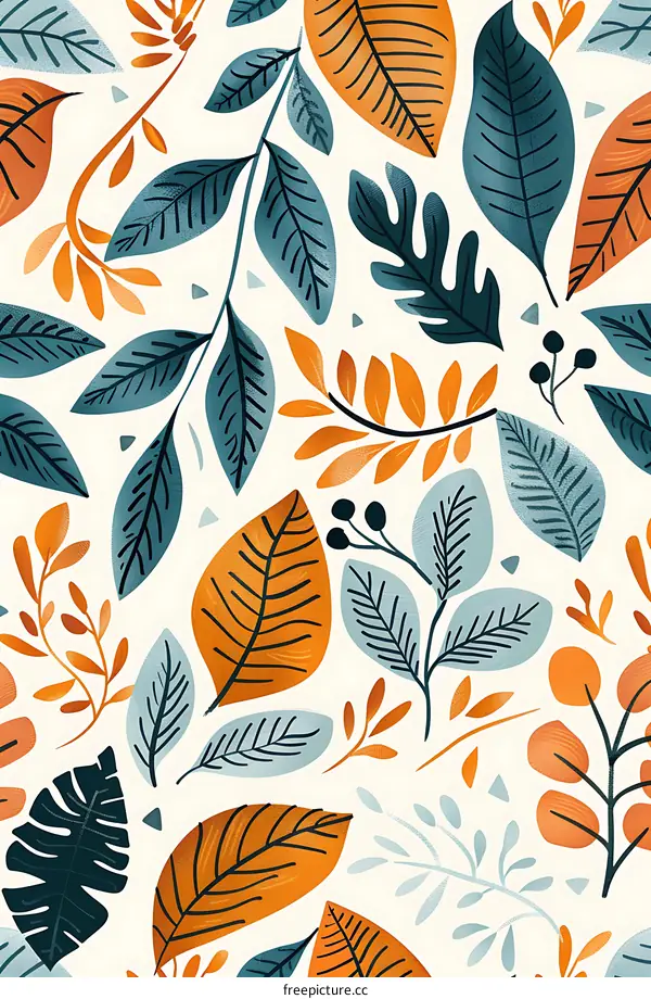 Seamless Pattern with Orange and Blue Leaves