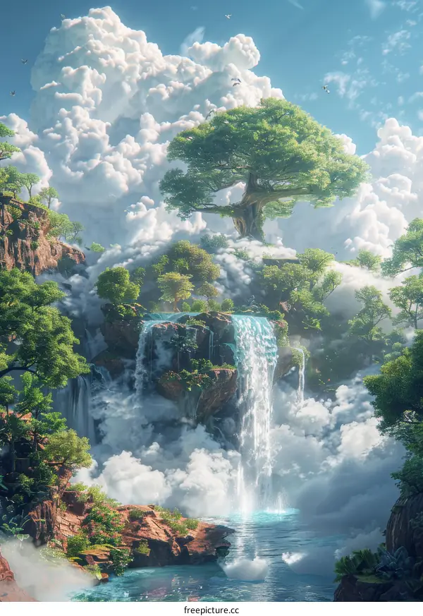 Mesmerizing Floating Island with Towering Tree and Enchanting Waterfall
