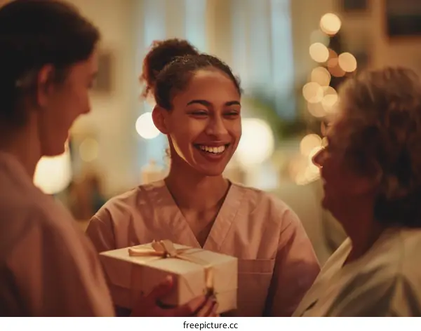Caregiver giving a gift to a senior woman