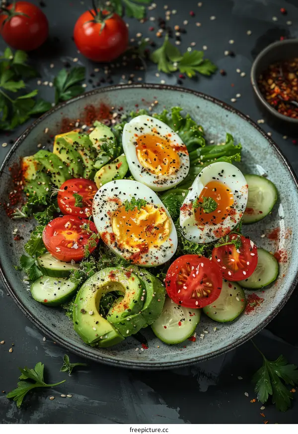 Healthy Avocado Salad with Tomato, Cucumber, Boiled Egg and Parsley