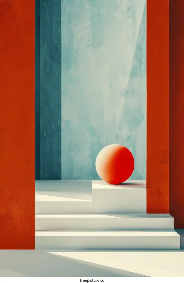 3D rendering of a sphere on a podium in a blue and red room