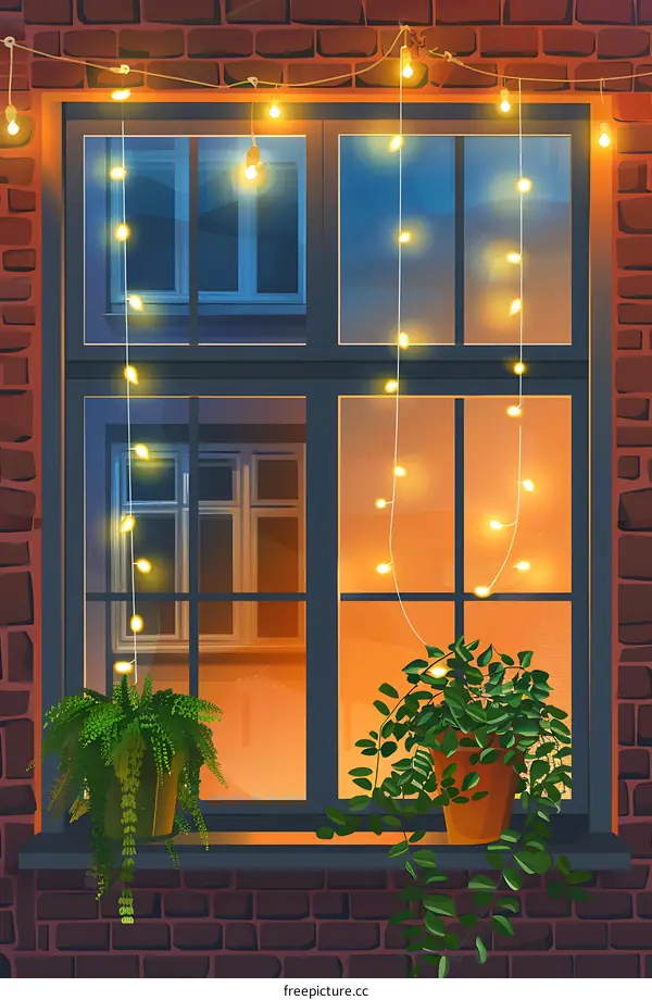 Window with Lights and Plants at Night
