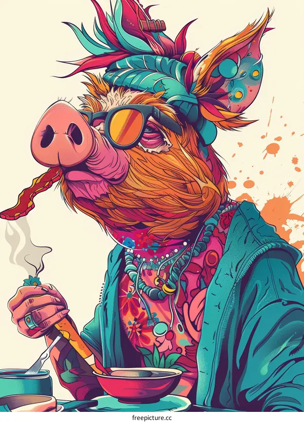 A psychedelic pig wearing sunglasses is smoking a blunt and eating soup.