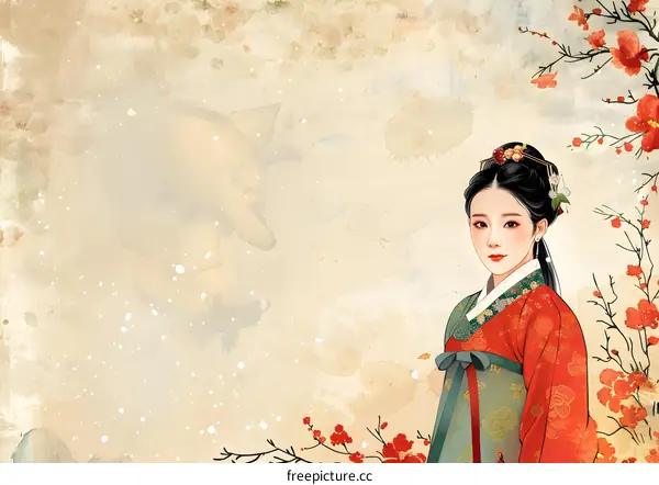A beautiful Korean woman in traditional dress stands in a field of flowers.