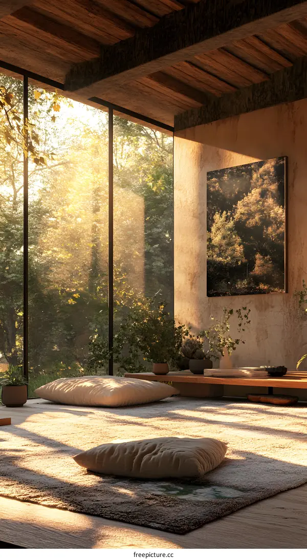 Modern Minimalist Wooden Floor Interior Design with Large Windows and Natural Light