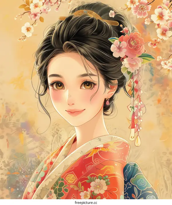 Beautiful Woman in Kimono with Cherry Blossoms