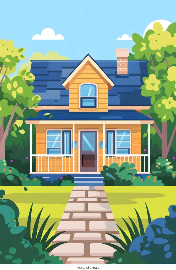 Yellow House with Blue Roof and Green Garden