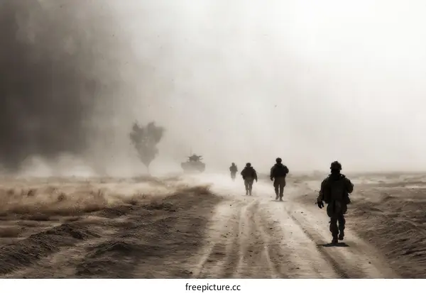 Soldiers Marching Through a Dusty Desert Landscape