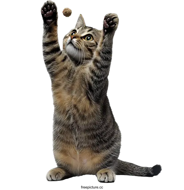 [Transparent Background PNG]Playful Tabby Cat Reaching for a Treat