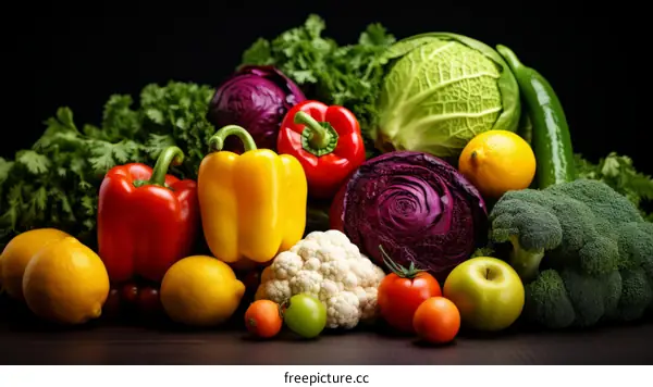 A colorful variety of fresh vegetables and fruits are arranged on a wooden table