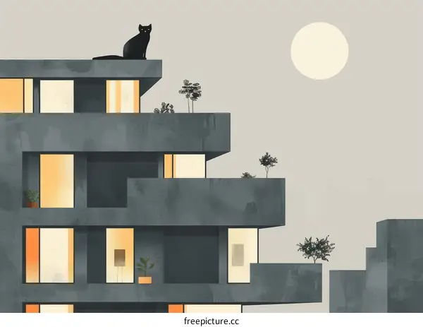 Black cat on the roof of an apartment building