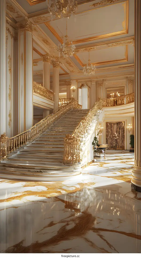 Luxury Interior Design with Golden Staircase and Chandelier