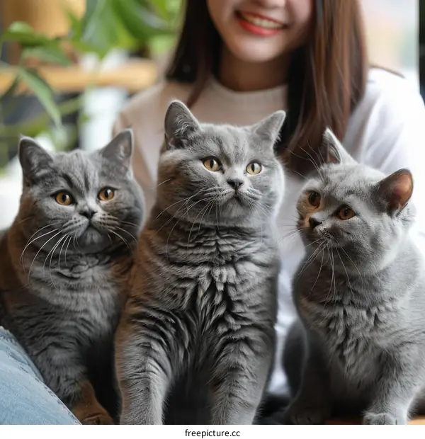 Three British Shorthair cats sitting on a woman's lap