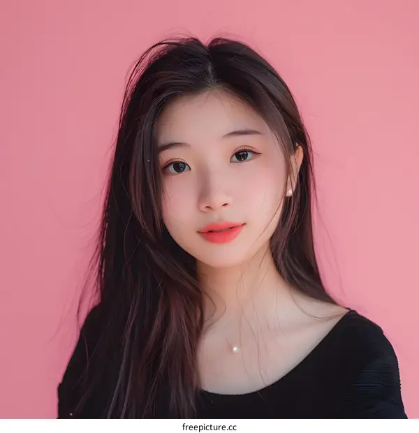 Asian Woman with Long Hair and Pink Background