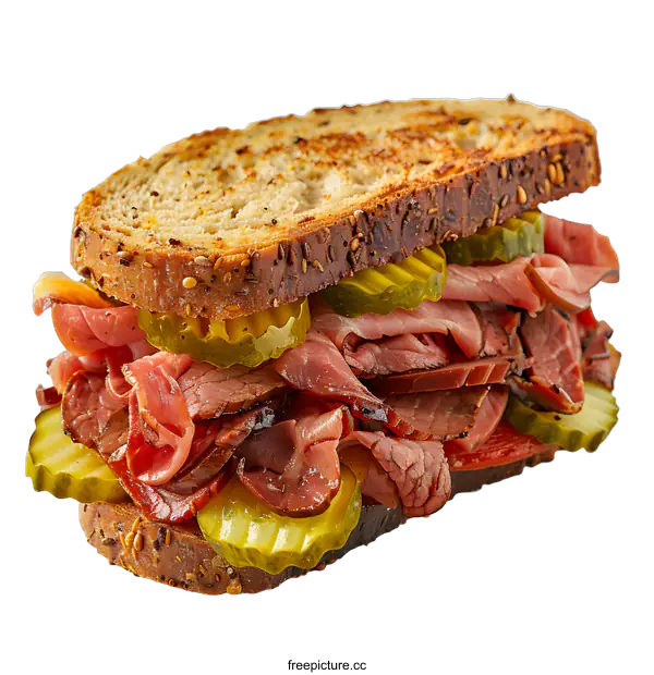 [Transparent Background PNG]A delicious pastrami sandwich with pickles on rye bread