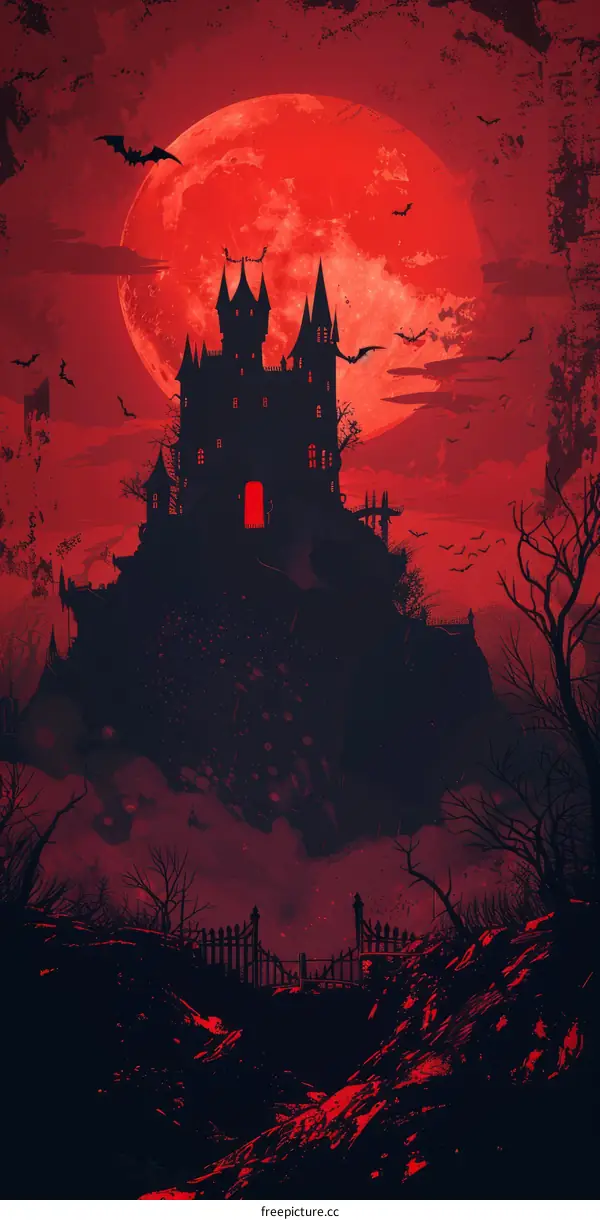 Vampire castle with red moon and bats