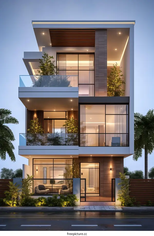 A three-story, contemporary home with a modern exterior design