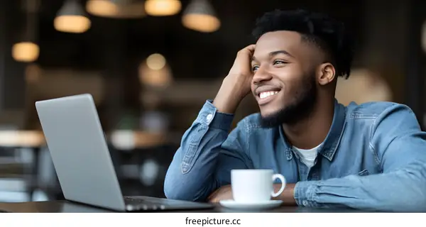 Smiling Black Man Sitting at a Cafe with Laptop and Coffee
