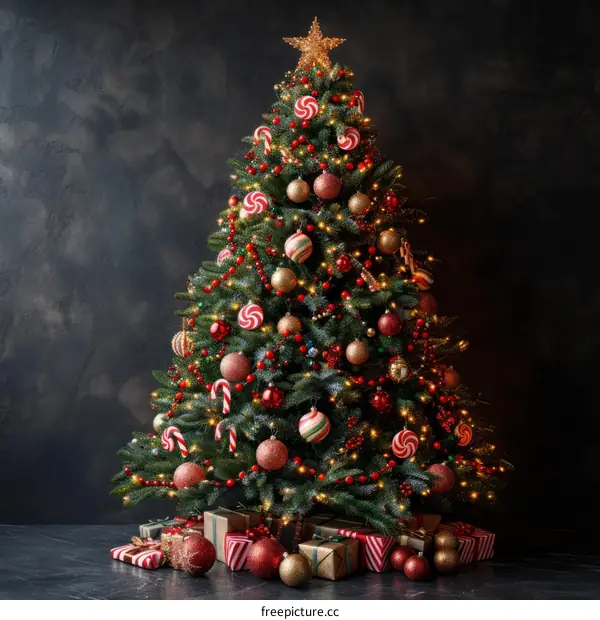 A beautifully decorated Christmas tree with red and gold ornaments and a star on top