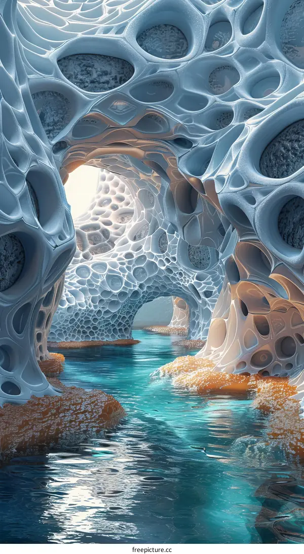 Mystical Cave with Glowing Crystals and a River